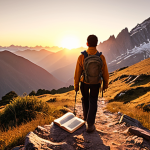 **Image Prompt:** A person hiking towards a sunrise over a mountain range, carrying a well-worn book. The style should be inspirational and hopeful, conveying resilience and self-discovery. Use warm, inviting colors.