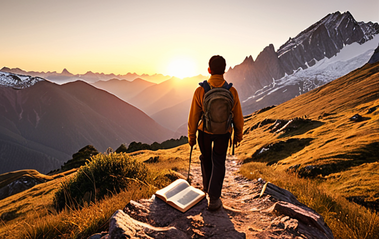 **Image Prompt:** A person hiking towards a sunrise over a mountain range, carrying a well-worn book. The style should be inspirational and hopeful, conveying resilience and self-discovery. Use warm, inviting colors.